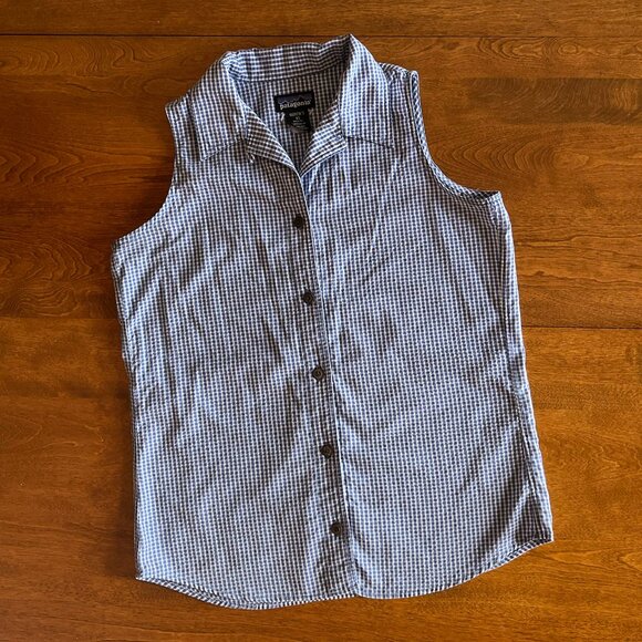 Patagonia Tops - Patagonia vintage blue gingham sleeveless shirt XS